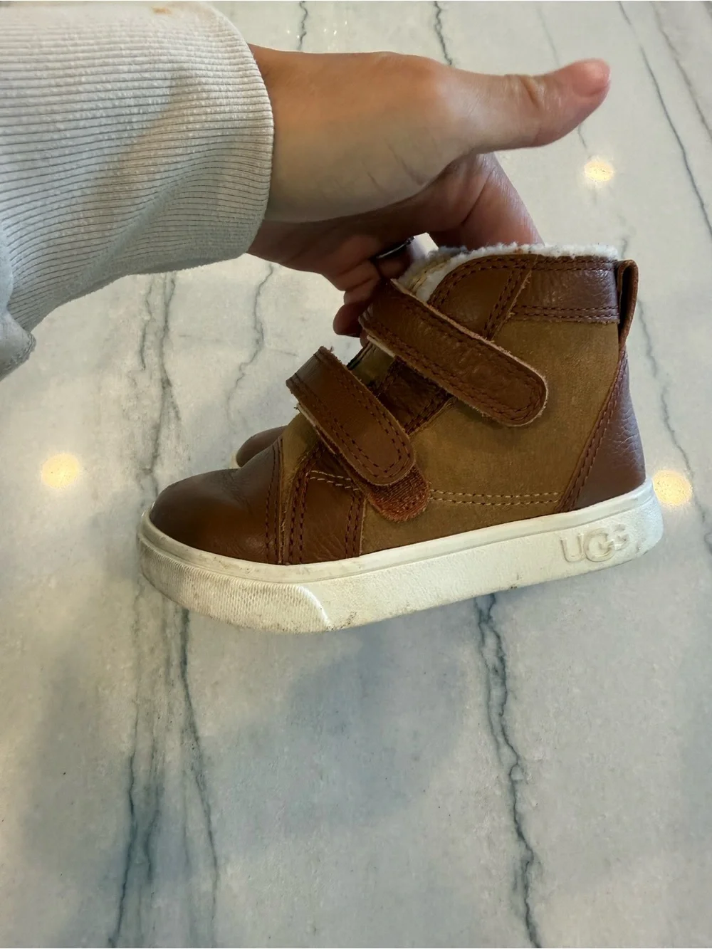 UGG Kids Brown High-Top Faux Leather Boots with Shearling Trim